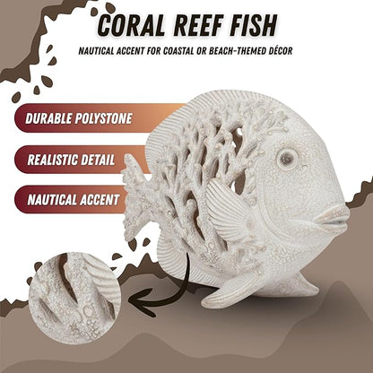 Coral Reef Fish Figurine Nautical Home Decor White Accent Centerpiece Coastal Tabletop Collection 12 1/2 Inch Sculpture