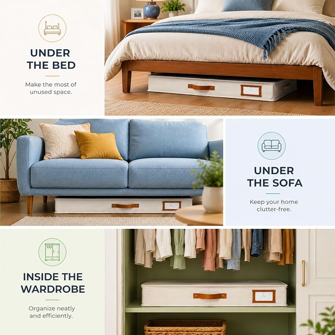HOMELUX THEORY 2pc Under Bed Storage Containers, Bedroom Under the Bed Drawer Storage Organizer with Bins and Lids, Medium Underbed Clothes Storage Box Ideal for Blanket, Fabric, & Shoes (Ivory)