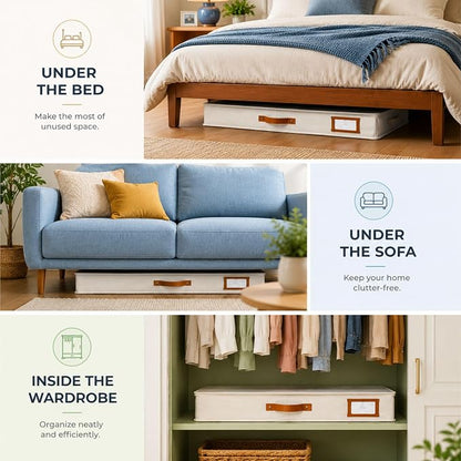 HOMELUX THEORY 2pc Under Bed Storage Containers, Bedroom Under the Bed Drawer Storage Organizer with Bins and Lids, Medium Underbed Clothes Storage Box Ideal for Blanket, Fabric, & Shoes (Ivory)