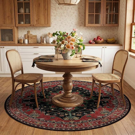 RELEANY Area Rugs Round 6ft Washable Non-Slip, Floral Vintage Distress Medallion Carpet for Living Room Bedroom Dining Room, Red Black