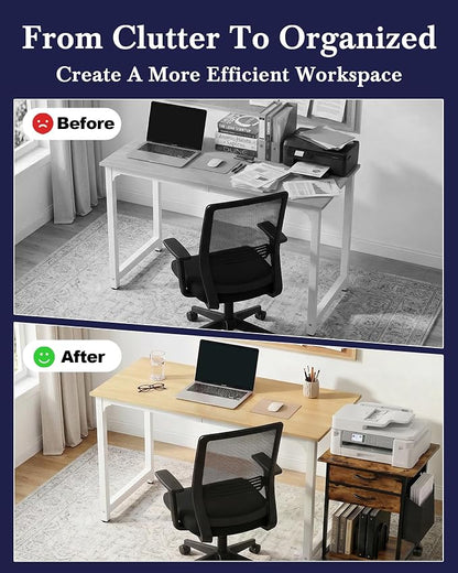 Faesun Printer Stand with Storage, 22'' Printer Cabinet with 2 Fabric Drawers, Rolling File Cabinet for Home Office, Printer Table with File Storage, Side Pocket & Dividers, Rustic Brown