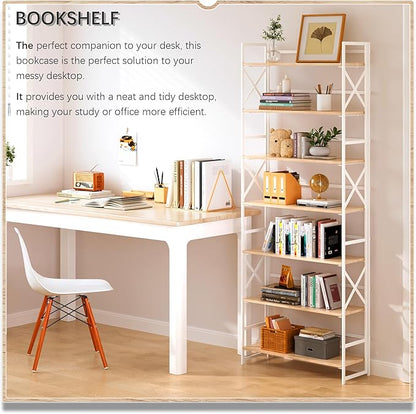 4NM 7 Tiers No Assembly Book Shelves, 72.4" H Folding Bookshelf Bookcase Open Industrial Foldable Shelves for Bedroom, Living Room, Home Office - Natural White