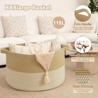 OIAHOMY 115L Extra Large Blanket Basket for Living Room, 23.6" x 15.4" Woven Cotton Rope Laundry Basket for Organizing Pillows, Decorative Stuffed Animal Toy Storage for Nursery, Jute and White