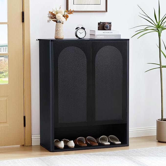 Shoe Cabinet, 5 Tier Wooden Shoe Storage Organizer Cabinet with Adjustable Shelves, Shoes Rack Accent Cabinet for Entryway Hallway Living Room, Black