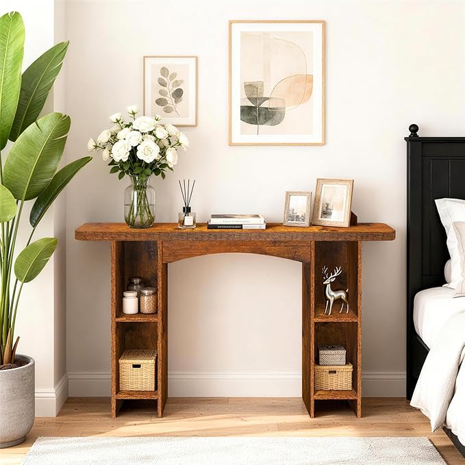 55 Inch Entryway Table Single-Shelf Cabinet, 1.6 Inch Thick Desktop Wooden Console Table with Socket Farmhouse Sofa Table for Entrance, Hallway, Living Room,Behind Couch(Rustic Brown)