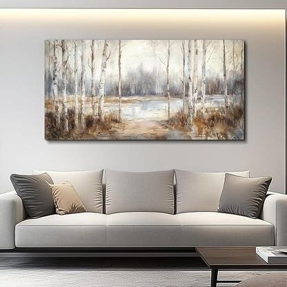QIYILEXWART Large Wall Decor For Living Room Stretched And Framed Canvas Wall Art For Office Wall Decorations For Bedroom Birch Forest Painting By The Lake Picture Home Decor Ready To Hang