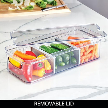 iDesign Recycled Plastic Crisp Large Divided Fruit and Vegetable Storage with Easy to Grip Integrated Handles Designed to Keep Food Fresh Longer, 14. 82" x 6. 32" x 3. 76"