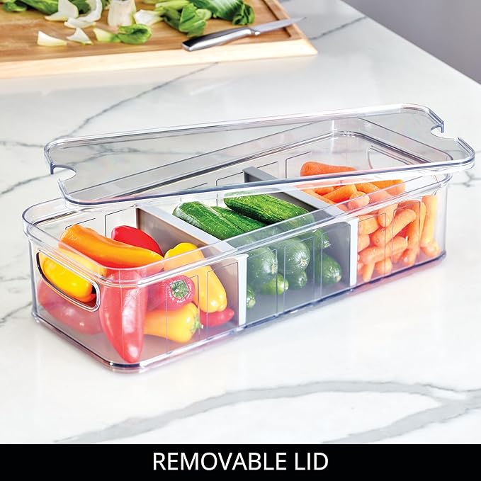iDesign Large Fridge Organizer Bin with Removable Divider and Lid - Set of 3 - Clear/Gray