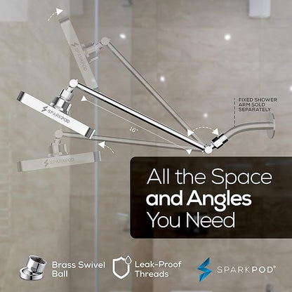 SparkPod Square Rain Shower Head with Shower Head Extension Arm - High Pressure Rain - Luxury Modern Look - No Hassle Tool-less 1-Min Installation (16" Shower Arm Extension, Luxury Polished Chrome)