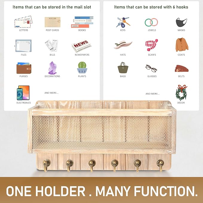Rebee Vision Pine Wood Mail and Key Holder for Wall – Decorative Key Holder Wall Mount with Hooks & Basket for Entryway – Storage Organizer for Keys, Mail & Sunglasses (Natural)