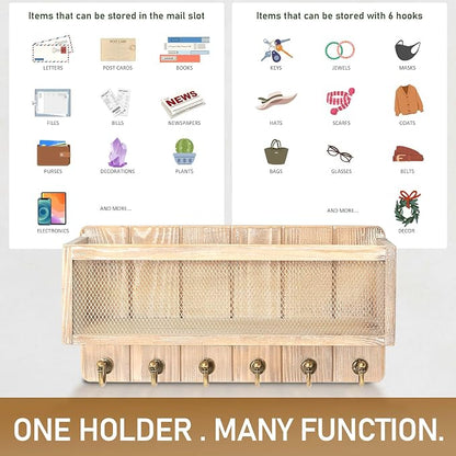 Rebee Vision Pine Wood Mail and Key Holder for Wall – Decorative Key Holder Wall Mount with Hooks & Basket for Entryway – Storage Organizer for Keys, Mail & Sunglasses (Natural)