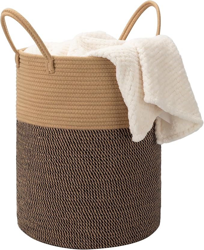 Eblog 58L Cotton Rope Laundry Basket (20"x15"),Woven Basket for Storage Dirty Clothes Basket for Laundry, Living Room, Nursery, Bedroom Rope Storage Basket for Blankets（Brown/Stitches）