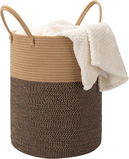 Eblog 58L Cotton Rope Laundry Basket (20"x15"),Woven Basket for Storage Dirty Clothes Basket for Laundry, Living Room, Nursery, Bedroom Rope Storage Basket for Blankets（Brown/Stitches）