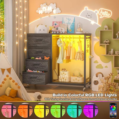Cyclysio Dresser with Hanging Rack, 4 Fabric Drawers Dresser with Clothes Rack, Wooden Top Storage Chest of Drawers with Charging Station & LED Lights, Lockable Wheels, Closet