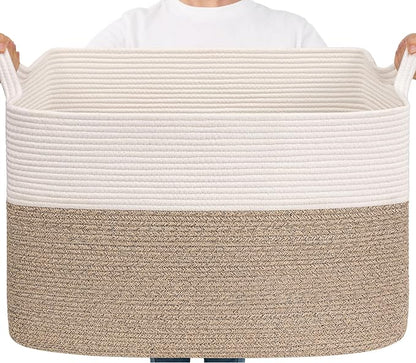 Goodpick Large Woven Blanket Basket 105L, 25"x16"x16" Cotton Rope Organizer for Toys, Dirty Clothes, Extra Large Rectangle Storage Basket for Living Room, Bedroom, White & Brown