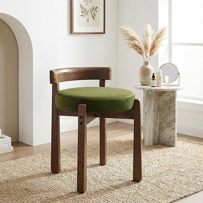 HNY Vintage Green Velvet Makeup Stool Set of 2 Compact Round Ottoman Chairs with Wooden Legs, Perfect for Small Spaces Like Entryway, Cloakroom & Boudoir