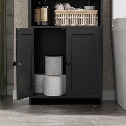 Homhedy Small Bathroom Storage Cabinet, Freestanding Toilet Paper Storage with 2 Doors and Shelves, Bathroom Organizers and Storage for Small Spaces, Laundry Room, 7.9" D x 14.6" W x 31" H, Black