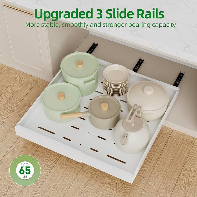 PAKETA 4 Pack Expandable Pull Out Cabinet Organizer, 21'' Deep Pull Out Drawers for Cabinets,Upgrade 3 Slide Rails Sliding Drawer for Kitchen Cabinet Organizer with Adhesive Nano Film (White)