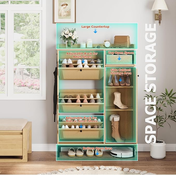 Rattan Wooden Shoe Cabinet, Freestanding 3-Flip Drawer Shoe Storage Organizer, Side Cabinet & Top Fence, Easy Assembly Shoe Rack for Entryway Hallway Living Room, Light Oak
