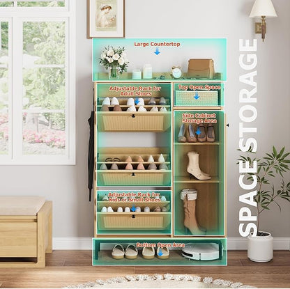 Rattan Wooden Shoe Cabinet, Freestanding 3-Flip Drawer Shoe Storage Organizer, Side Cabinet & Top Fence, Easy Assembly Shoe Rack for Entryway Hallway Living Room, Light Oak