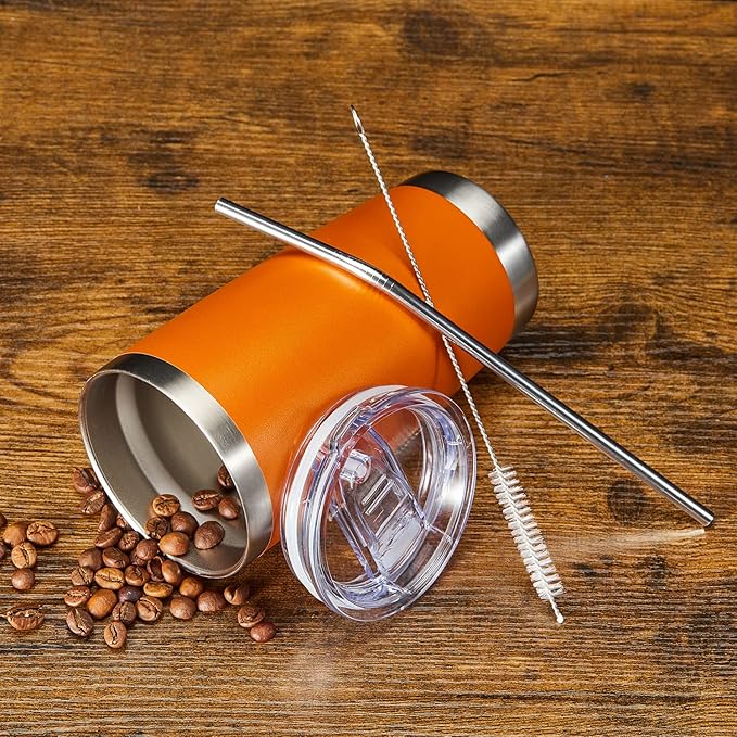COMOOO 20oz Tumbler Bulk Double Wall Vacuum Insulated Travel Mug, Stainless Steel Tumbler with Lid and Straw Durable Powder Coated Insulated Coffee Cup for Cold & Hot Drinks (Orange, 4 pack