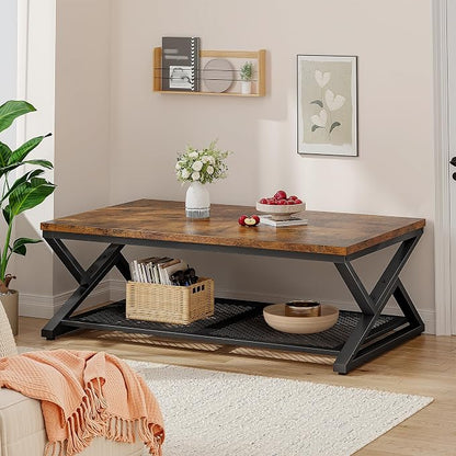 EnHomee Rustic Coffee Table with Storage, Farmhouse Coffee Table with Mesh Shelf, 2 Tier Rectangular Center Table for Living Room, Home Office, 47.2 Inch, Rustic Brown