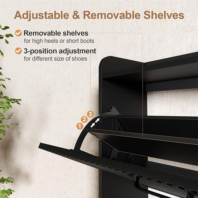 HIFYOBRO Fluted Shoe Cabinet with 2 Flip Drawers, Hidden Shoes Storage Cabinet, Modern Shoe Rack Organizer, Freestanding Narrow Shoes Organizer for Hallway, Entryway (Black)
