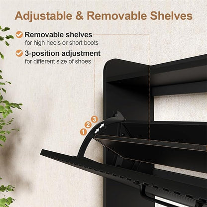 HIFYOBRO Fluted Shoe Cabinet with 2 Flip Drawers, Hidden Shoes Storage Cabinet, Modern Shoe Rack Organizer, Freestanding Narrow Shoes Organizer for Hallway, Entryway (Black)