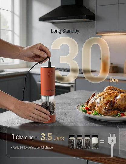 ThermoMaven Electric Salt and Pepper Grinder Set, 110ml Larger Rechargeable Automatic Salt and Pepper Mill Grinder with 6 Adjustable Coarseness, Electric Salt and Pepper Shakers, LED, Burnt Orange