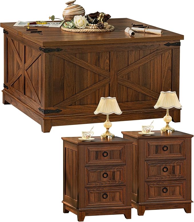Farmhouse Coffee Table Set of 3, Furniture Set, Coffee Table with Hidden Storage Organizer and Nightsand 3-Piece Set, Large Country Natural Center Table Set for Living Room,Office, Home