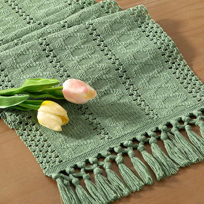Socomi Sage Green Boho Table Runner Macrame Valentine's Day Farmhouse Woven Cotton Linen Rustic Coffee Table Runner with Tassels for Dresser Scarf Home Decor Dining Room 12x90 inch