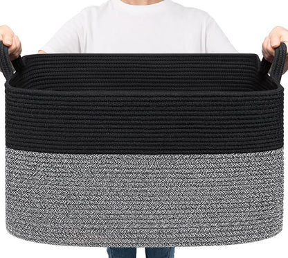 Goodpick Large Woven Blanket Basket 21.6" x 14.9" x 11.8" Storage Baskets for Organizing, Rectangle Baby Toy Bins for Kids Organizer Living Room Bedroom, Black & Gray