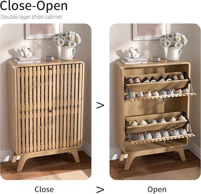 Narrow Shoe Cabinet Storage for Entryway, Modern Cabinet Rack with 2 Flip Drawers, Slim Wood Fluted Entry Way Shoe Organizer, Wooden, Small, Farmhouse, Freestanding, Natural Oak (39.4 Inch)