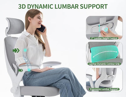 Ergonomic Office Chair - Computer Desk Chairs Comfy, Mesh High-Back Gaming Chair with Adjustable Lumbar Support, Executive Task Chair for Adults, Comfortable for Long Hours (White Grey)