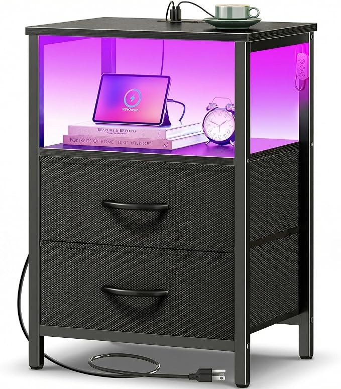 Huuger Night Stand with Charger Station and LED Lights, 2 Drawer Nightstand, Bed Side Table with Open Shelf, End Table, Fabric Drawers for Bedroom, Black