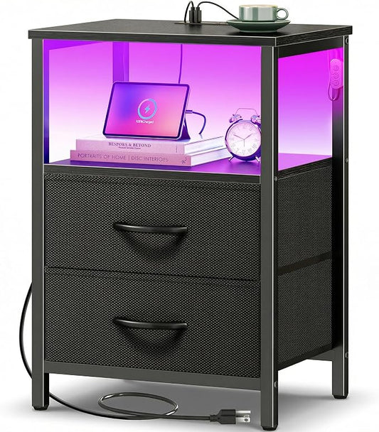 Huuger Night Stand with Charger Station and LED Lights, 2 Drawer Nightstand, Bed Side Table with Open Shelf, End Table, Fabric Drawers for Bedroom, Black