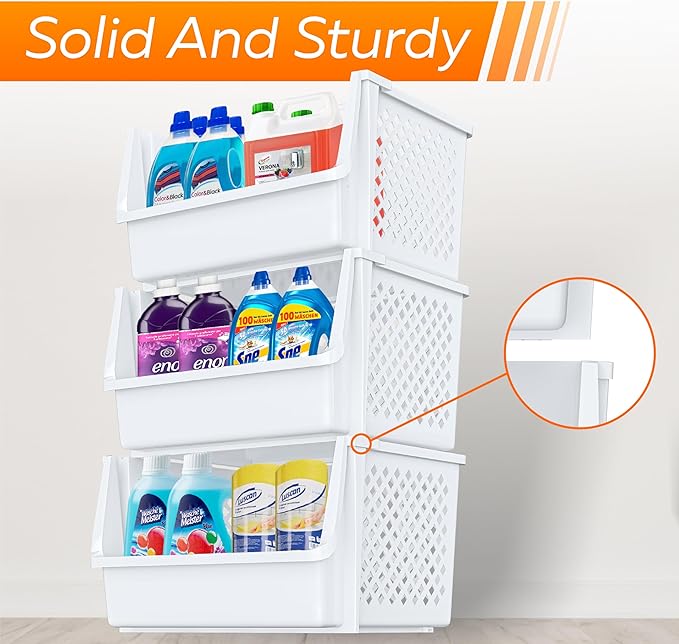XLarge Stackable Storage Bins Open Front for Pantry Storage, 6 Pack - White | Sturdy Plastic, Easy Stacking, Open Front Access, Ventilated Sides, Vertical & Space Saving Pantry Organizers and Storage Bin