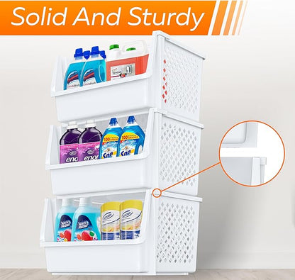 XLarge Stackable Storage Bins Open Front for Pantry Storage, 6 Pack - White | Sturdy Plastic, Easy Stacking, Open Front Access, Ventilated Sides, Vertical & Space Saving Pantry Organizers and Storage Bin
