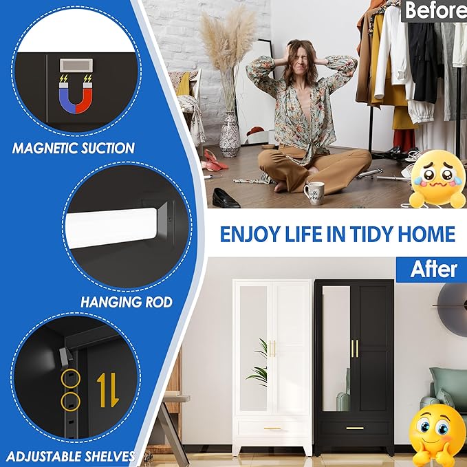 Steel Armoire Wardrobe Closet with Mirror Doors, 71" Household Wardrobe Cabinet with Hanging Rod and Drawer, Metal Clothing Storage Cabinet with Adjustable Shelf for Bedroom, Cloak, Gym(Black)