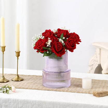 Ribbed Glass Vase, Flower Vase, Fluted Purple Vases for Flowers, Modern Vases for Living Room, Dining Table, Entryway, Shelf, Wedding, Office, Coffee Table, Birthday, 7.5 Inches
