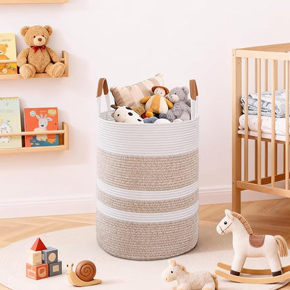 60L Striped Laundry Basket, Brown Laundry Hamper with Leather Handles, Woven Cotton Rope Storage Bin for Blankets, Nursery Hamper for Clothes, Toys In Bathroom, Livingroom, Bedroom