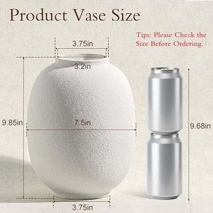 Large White Ceramic Vase, 9.85in Rustic Round Tall Vase for Table Centerpieces, Modern Homes Farmhouse Living Decor (Sandstone White)
