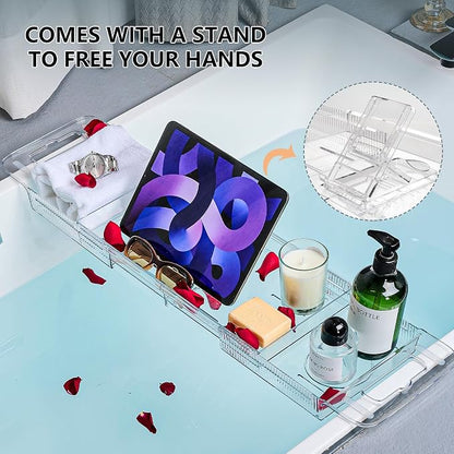 Expandable Bathtub Tray (22-31") - Transparent Bath Caddy with Non-Slip Pads, Adjustable Spa Table for Wine, Books & Phone, Perfect Housewarming for Women