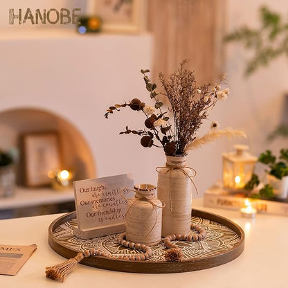 Hanobe Large Round Decorative Tray: Boho Coffee Table Trays Centerpiece for Home Decor - Rusti Brown Farmhouse Serving for Women Kitchen Counter Ottoman