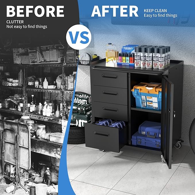Metal Storage Cabinet with Wheels, Garage Storage Cabinet with 1 Door and 4 Drawer, Rolling Tool Cabinet, Assembly Required, Black