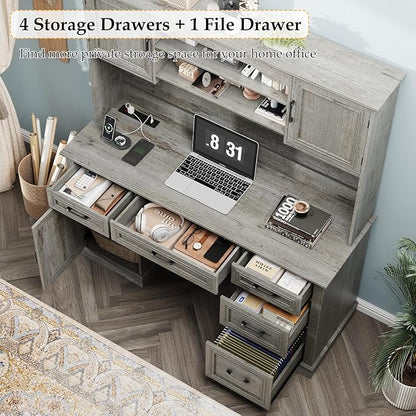 67" H Farmhouse Executive Desk with Hutch. Wood Workstation with 5 Drawers, Storage Cabinet, File Drawers and Charging Station, Ideal as Office Desks, Computer Desk for Home Office and Study.Gray