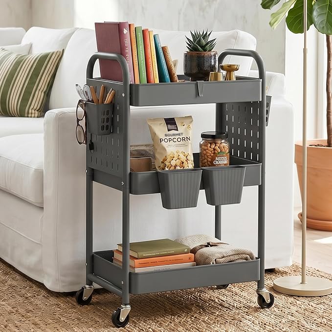 danpinera 3 Tier Rolling Cart with Retractable Dividers, Multi-Functional White Rolling Utility Cart with Pegboards, Hooks & Hanging Cups for Nursery, Living Room, Studio