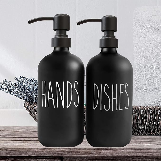 Sunrise Premium 16 OZ Thick Black Glass Soap Dispenser, Matte Black Stainless Steel Pump 2 Pack, Hand and Dish Soap Dispenser Set for Bathroom with 6 Waterproof Labels