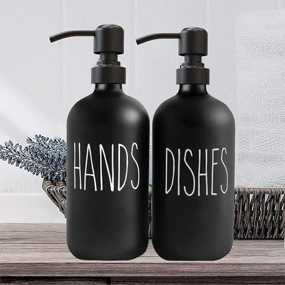 Sunrise Premium 16 OZ Thick Black Glass Soap Dispenser, Matte Black Stainless Steel Pump 2 Pack, Hand and Dish Soap Dispenser Set for Bathroom with 6 Waterproof Labels