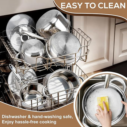 Stainless Steel Cookware Set - 15 Pieces Pots and Pans Nonstick Pot and Pan Set Includes 1 Frying Pans, 5 Pots, 6 Lids and 3 Utensils, with Stay Cooling Handle, Induction & Oven Safe